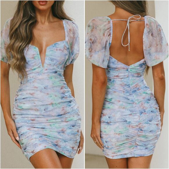 Saints+secrets Pastel Good Vibes Puff Sleeve Deep V-Neckline Mini Dress Floral - Picture 1 of 9